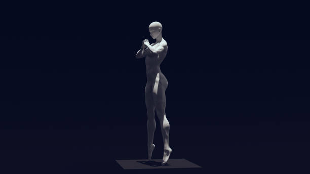 istock White Light Grey Stone Muscular Woman Statue Floating with Top Down Lighting 1329688497