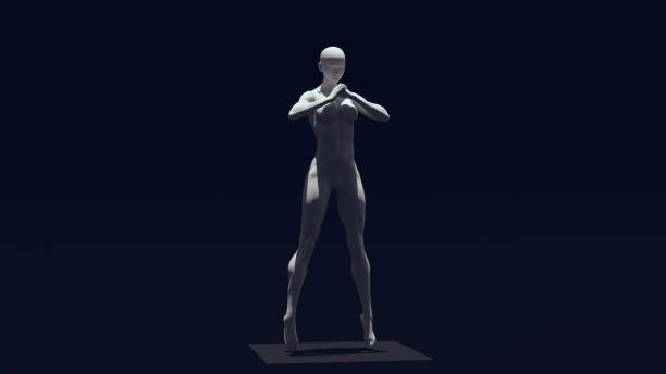 istock White Light Grey Stone Muscular Woman Statue Floating with Top Down Lighting 1329688555
