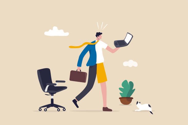 ilustrações de stock, clip art, desenhos animados e ícones de hybrid work after covid-19 crisis, employee choice to work remotely from home or on site office for best productivity and result concept, businessman with hybrid cloth work both from home and office. - flexibility