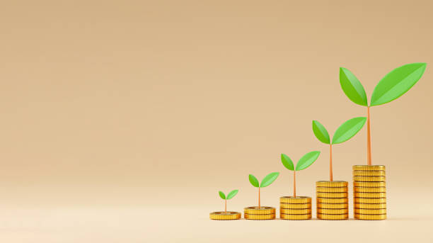 istock Realistic increase coins stacking and growth plant with copy space for money deposit saving and profit investment concept, 3D rendering technique. 1329691793