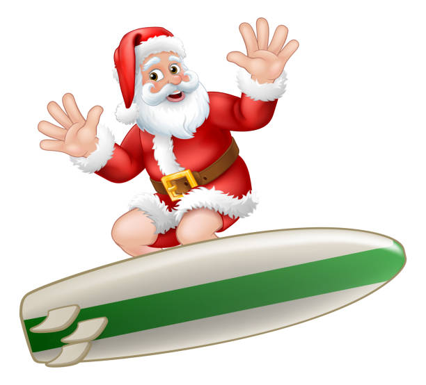 ilustrações, clipart, desenhos animados e ícones de desenho animado do papai noel de surf de natal - beach sunlight surfboard santa claus