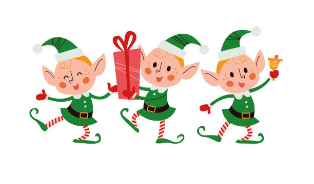 ilustraciones, imágenes clip art, dibujos animados e iconos de stock de conjunto de diferentes pequeños personajes lindos elfos de santa con caja de regalo, campana de anillo, danza aislada. - elfo
