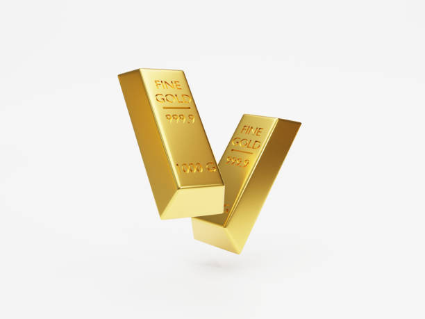 isolated of two gold bar or gold ingot stacking on white background by 3d rendering technique. - three dimensional shiny business retail imagens e fotografias de stock