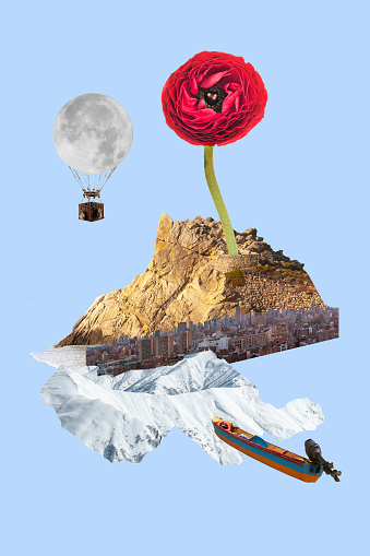 Huge red flower grows from mountain over light blue background. Hovered in the air. Contemporary art collage, creative artwork.