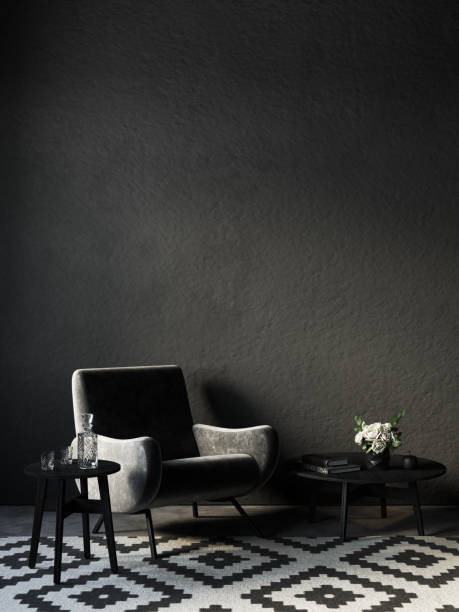 istock Black interior with leather armchair and decor. 3d render illustration mockup. 1329692678