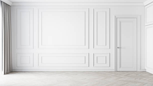 istock Classic empty white interior blank wall with moldings. 3d render illustration mockup. 1329692792