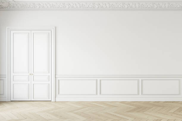 istock Classic white empty interior with moldings and door. 3d render illustration mockup. 1329692851