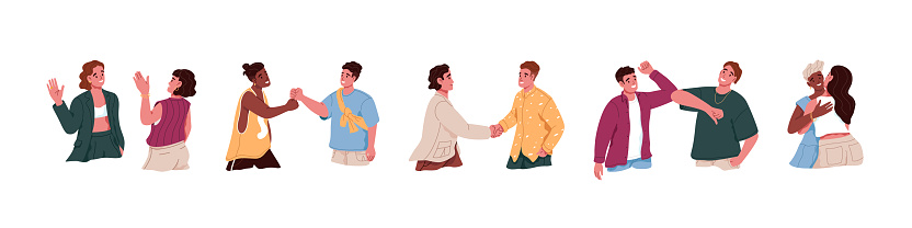Set of people greeting each other, saying hello in different manners. Various hi gestures such as waving hands, handshake, fist and elbow bump, hugging. Flat vector illustration isolated on white.
