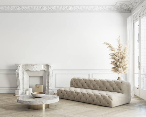 istock Classic white interior with sofa, fireplace and decor. 3d render illustration mockup. 1329692883