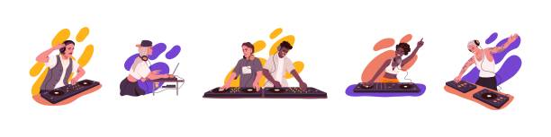 ilustrações de stock, clip art, desenhos animados e ícones de set of club dj playing recorded music at console mixer and mixing sounds with turntable. people in headphones with audio equipment. colored flat vector illustration isolated on white background. - dj