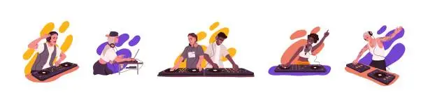 Vector illustration of Set of club DJ playing recorded music at console mixer and mixing sounds with turntable. People in headphones with audio equipment. Colored flat vector illustration isolated on white background.