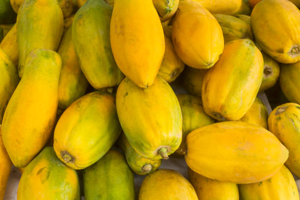 carica papaya - fruta de papaya en el mercado tradicional colombiano - papaya fruta tropical fotografías e imágenes de stock