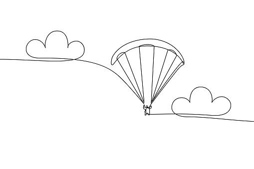 Paragliding flight in continuous line art drawing style. Paraglider soaring in the sky minimalist black linear sketch isolated on white background. Vector illustration