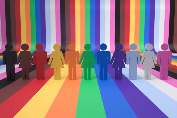 lgbtqi라는 단어와 lgbtq 게이 자부심 플래그의 색상을 가진 사람들의 화려한 개념. - pride month 뉴스 사진 이미지