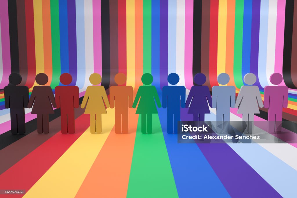 Spectacular concept of people with the colors of the LGBTQ gay pride flag with the word LGBTQI. Month Stock Photo