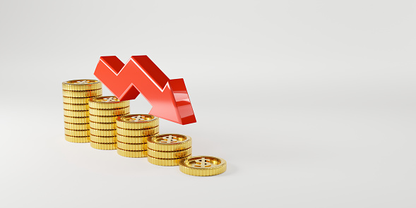 Golden coins stacking with decreasing red arrow on white background and copy space for economic investment profit and interest deposit from saving concept, 3D rendering technique.