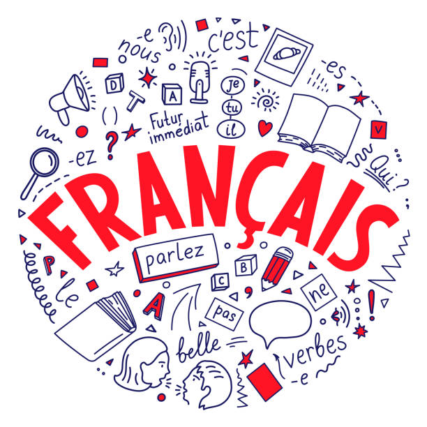 French Francais. Translate: French. Language education doodle. textual symbol stock illustrations