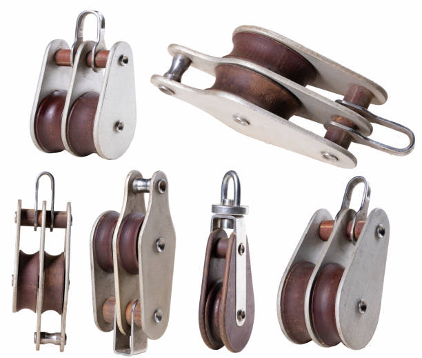 Inline pulleys used in sailing. Accessories used to draw sails. Isolated background.