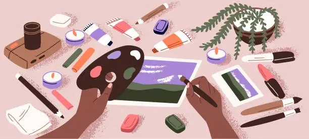 Vector illustration of Painter drawing picture at table, holding brush and color palette. Human hands creating art with paints. Creative process at desk with stationery. Painting hobby concept. Flat vector illustration.