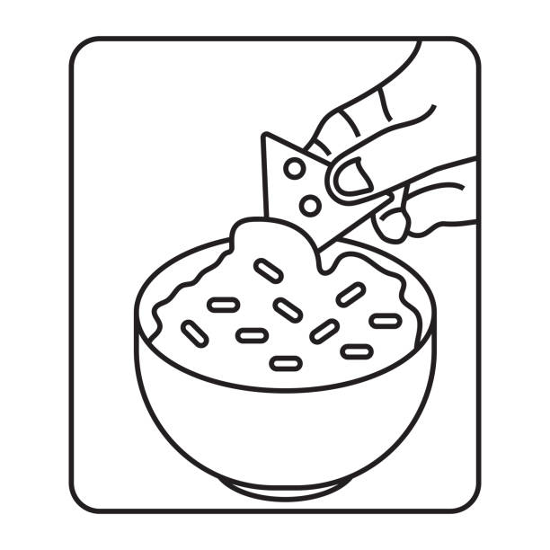ilustraciones, imágenes clip art, dibujos animados e iconos de stock de ilustración de arte lineal de las virutas de tortilla de maíz sumergidas en salsa de guacamole mexicano - guacamole bowl mexican culture drawing