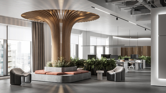 Dark office or hotel interior lobby with armchairs and coffee table, reception desk with elevator. Waiting and meeting space with panoramic window on countryside. 3D rendering