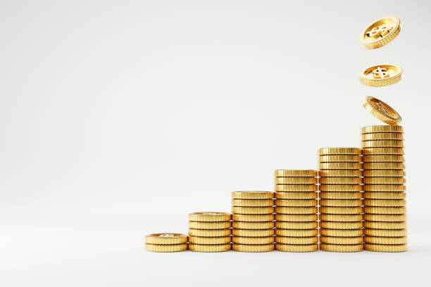 istock US dollar realistic coins stacking and falling for increasing on white background , Money saving and business profit concept by 3d rendering technique. 1329696919