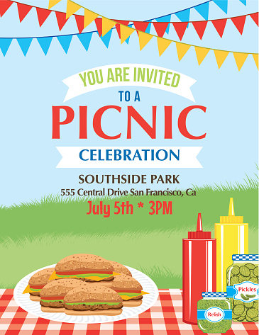 Summer BBQ or picnic in the park Invitation template with copy space. Flat colors. Elements can be released from the clipping mask.