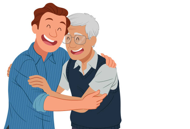 Father's love Adult man hugging his elderly father funny fathers day stock illustrations