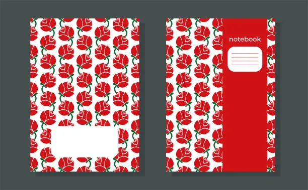 Vector illustration of Notebook cover page template. Cover for sketchbook, planners, brochures, books, catalogs, notebook A4 format. Seamless pattern with red rose buds