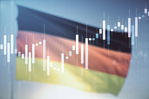 istock Double exposure of abstract creative financial chart hologram on German flag and blue sky background, research and strategy concept 1329703949