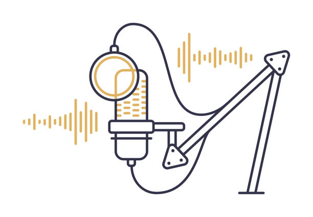 Podcasting Audio Line Design Element Podcasting audio line design element condenser microphone and arm sound waves. podcasting illustrations stock illustrations