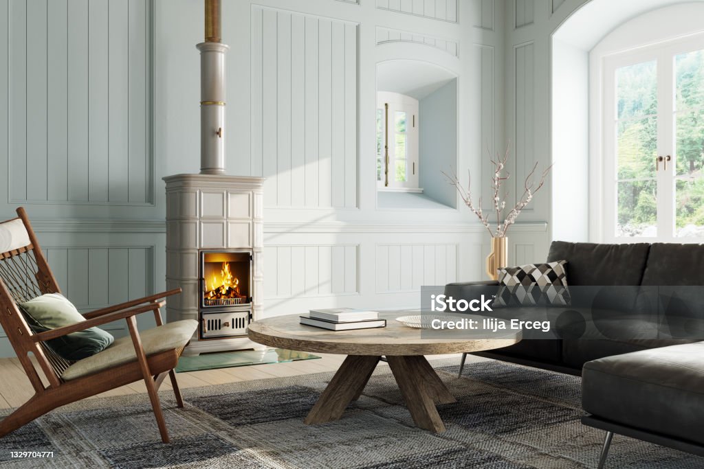 Modern natural interior design with burning fireplace Modern natural interior design with burning fireplace 3D Rendering, 3D Illustration Living Room Stock Photo