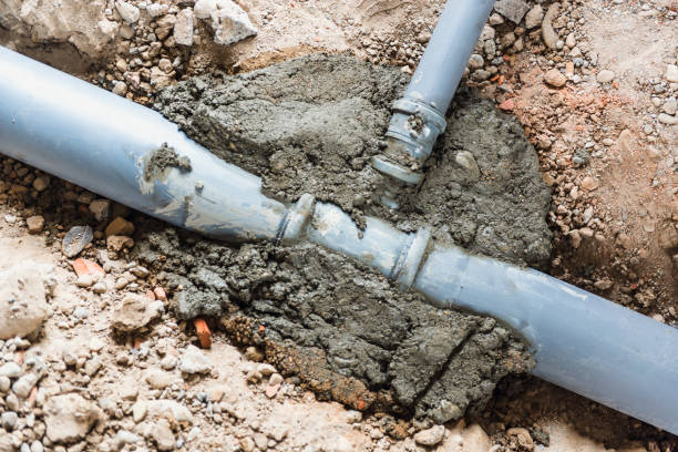 istock Sewage pipeline system of residential building under construction 1329704866