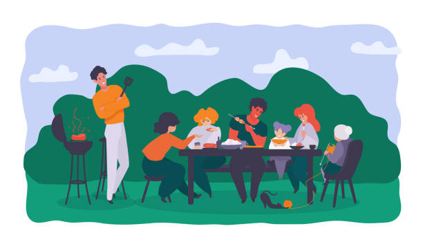 ilustraciones, imágenes clip art, dibujos animados e iconos de stock de una cena de verano de barbacoa familiar. grupo de personas sentadas en la mesa, cocinando barbacoa en el patio trasero. - cena familiar