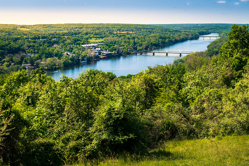 In Lambertville, NJ in Hunterdon County, overlooking New Hope-Lambertville Bridge and Toll-Bridge crossing Delaware River from New Jersey to Pennsylvania