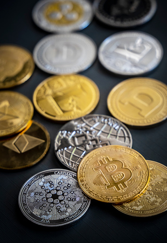 Antalya, Turkey - July 19, 2021: Close up shot of alt coins cryptocurrency, No people, Studio shot