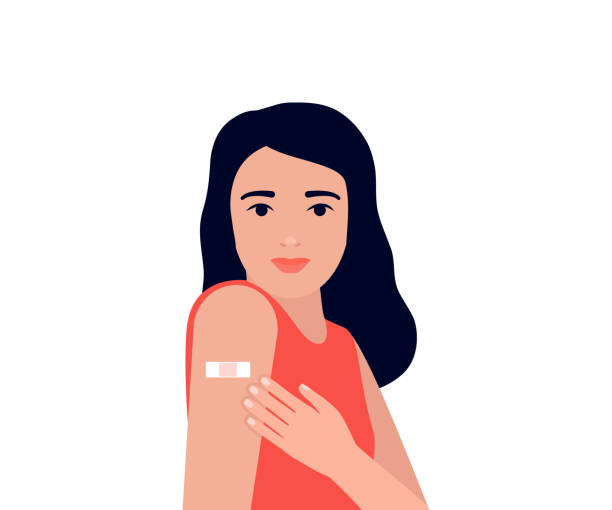 Young woman after vaccination show arm with patch. Protection hand with bandage after receiving inoculation. Concept vaccine coronavirus. Vector illustration Young woman after vaccination show arm with patch. Protection hand with bandage after receiving inoculation. Concept vaccine coronavirus. Vector adhesive bandage stock illustrations