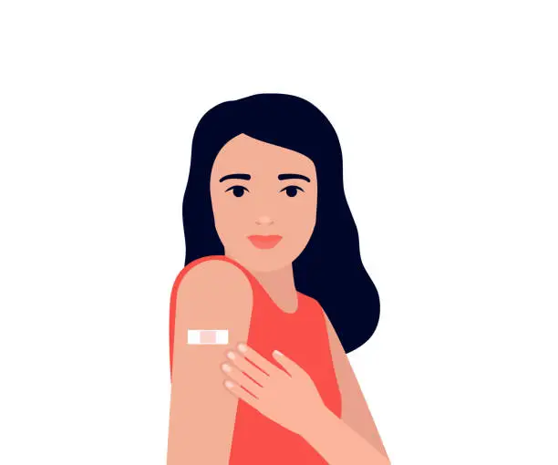 Vector illustration of Young woman after vaccination show arm with patch. Protection hand with bandage after receiving inoculation. Concept vaccine coronavirus. Vector illustration