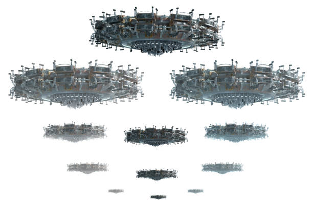 3D rendering collage of UFO spaceship instances in a descending perspective each with depth of field versions, isolated with clipping path, for science fiction or video games.
