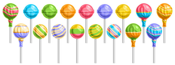 Vector set of Lollipops Vector set of Lollipops, lot collection of 17 cut out illustrations of different wrapping and striped lollipops on sticks, banner with group of isolated tasty fruity candies on white background. lollipop stock illustrations