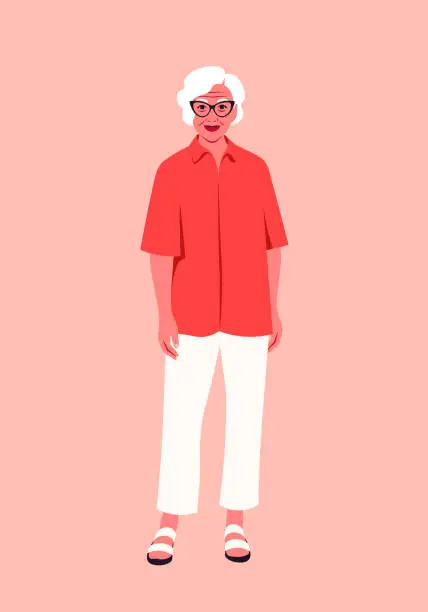 Vector illustration of An elderly woman dressed in casual style is standing at full height.