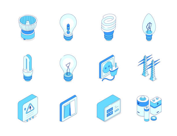 illustrations, cliparts, dessins animés et icônes de alimentations électriques - ensemble d’icônes isométriques de ligne moderne - ampoule à basse consommation