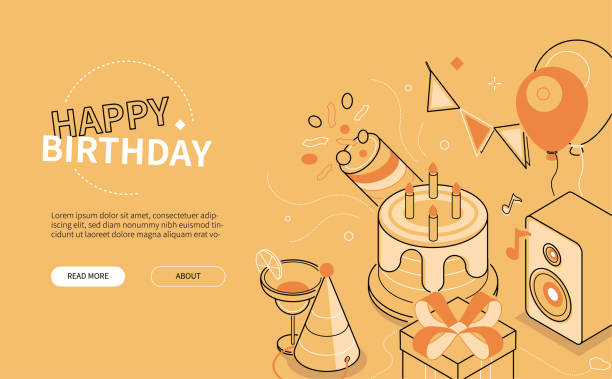 Happy birthday - line design style isometric web banner vector art illustration