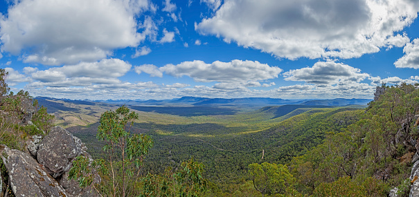 Panoramic view over the Blue Mountains in the Australian state of New South Wales during the day with blue sky
