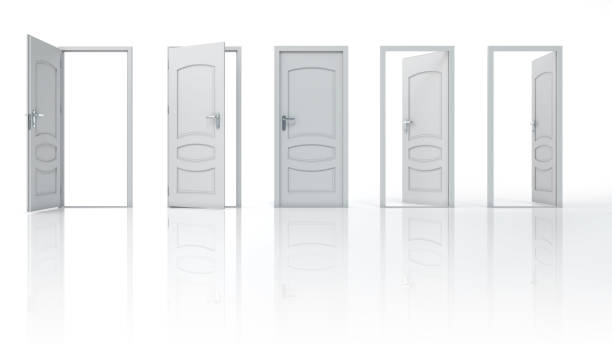 istock Set of white flat wooden open and closed doors. 3d illustration 1329717514