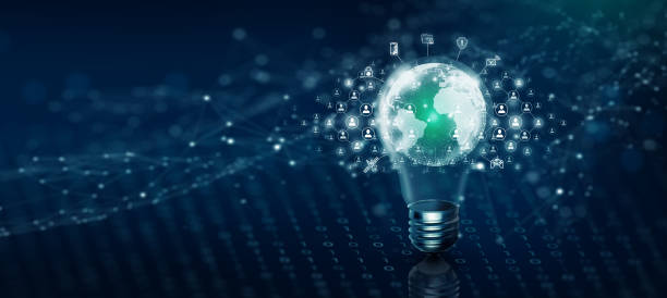 Light bulb people network and global communication concept Business technology. Copy space.