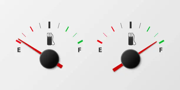 Vector illustration of Vector 3d Realistic White Gas Fuel Tank Gauge, Oil Level Bar on White Background. Full and Empty. Car Dashboard Details. Fuel Indicator, Gas Meter, Sensor. Design Template