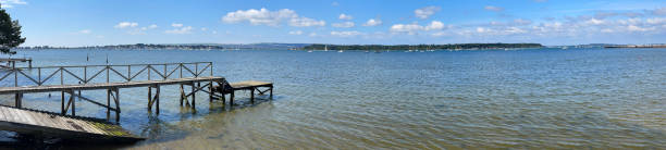 Panorama seascape overlooking jetty in Poole Harbour, Dorset, England, UK