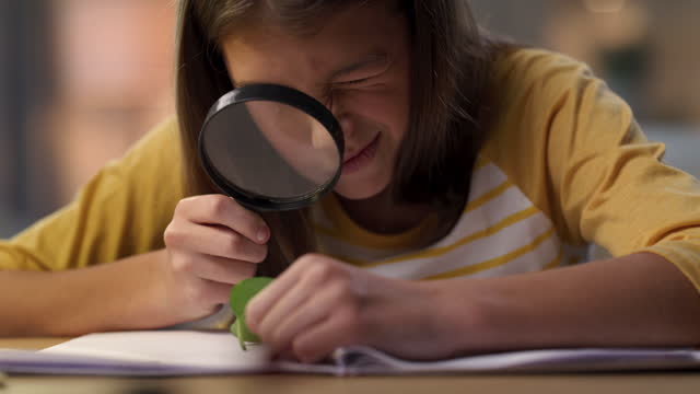 4k video footage of a young girl sitting alone at home and using a magnifying glass while doing her science homework