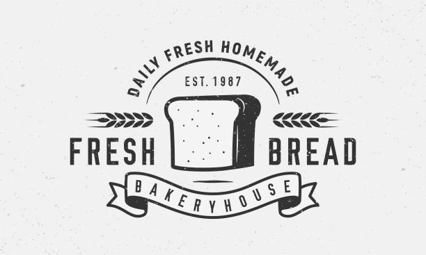 Fresh Bread, Bakery logo. Bakery trendy logo with tost bread and ribbon banner. Bakery product logo. Craft grunge texture. Vector emblem template. Vector illustration toque stock illustrations
